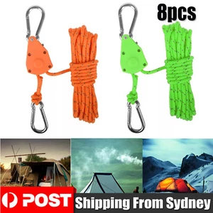 8pcs 4M Camping Ratchet Pulley Tent Guide Rope Adjustable Guy Line Tensioner Tie - Picture 1 of 14