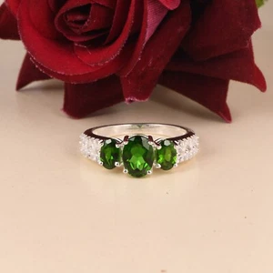 Chrome Diopside Trio Solitaire Ring 925 Sterling Silver Engagement Promise Rings - Picture 1 of 8