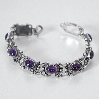 Pulsera Tenis Amatista Plata 925 Vintage Desplazamiento Piedras Preciosas Púrpura 6.5" Foto 1 de 4