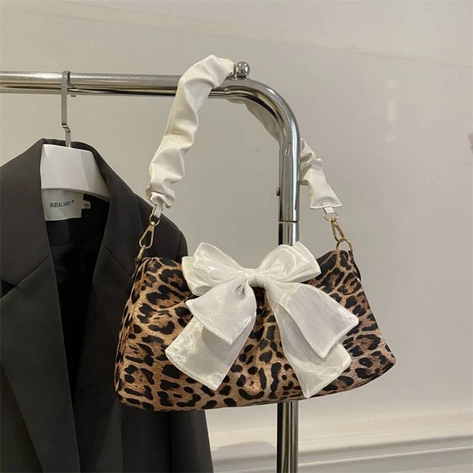Women Brown Leopard Print Ribbon with Bow Zip Hobo Bag Underarm Tote Bag - Image 1 of 1