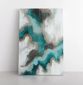 Impresión de pintura moderna metálica verde azulado plateado por goteo, lienzo enmarcado arte de pared brillo - Imagen 1 de 15