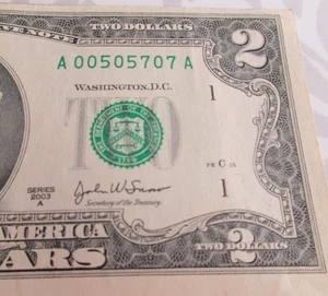 NEW-TRINARY- 2003A $2 Bill-A00505707A-free shipping - Picture 1 of 3