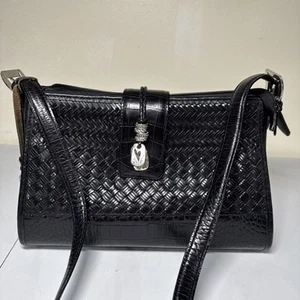 VTG Brighton Bree Merlot Black Leather Shoulder Bag Purse C284222 Basket Weave - Picture 1 of 24