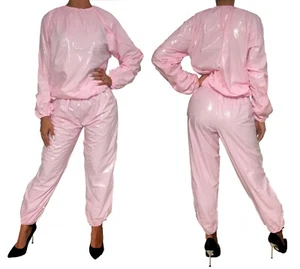 soft PVC Schwitzanzug 20021L GENÄHT Saunaanzug 2tlg Pyjama Lackoptik Lack rosa - Bild 1 von 3