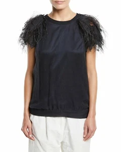NEW Brunello Cucinelli Crewneck Short-Sleeve feather Silk Top with Size XL $2654 - Picture 1 of 8