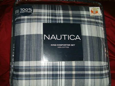 FALDA DE CAMA NAUTICA AZUL BLANCO CUADROS 4 PIEZAS KING EDREDÓN FUNDAS Foto 1 de 4