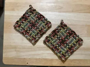 Handmade 2 Matching Cotton Woven Potholders Trivets 6 Earth tone Colors Gift - Picture 1 of 2