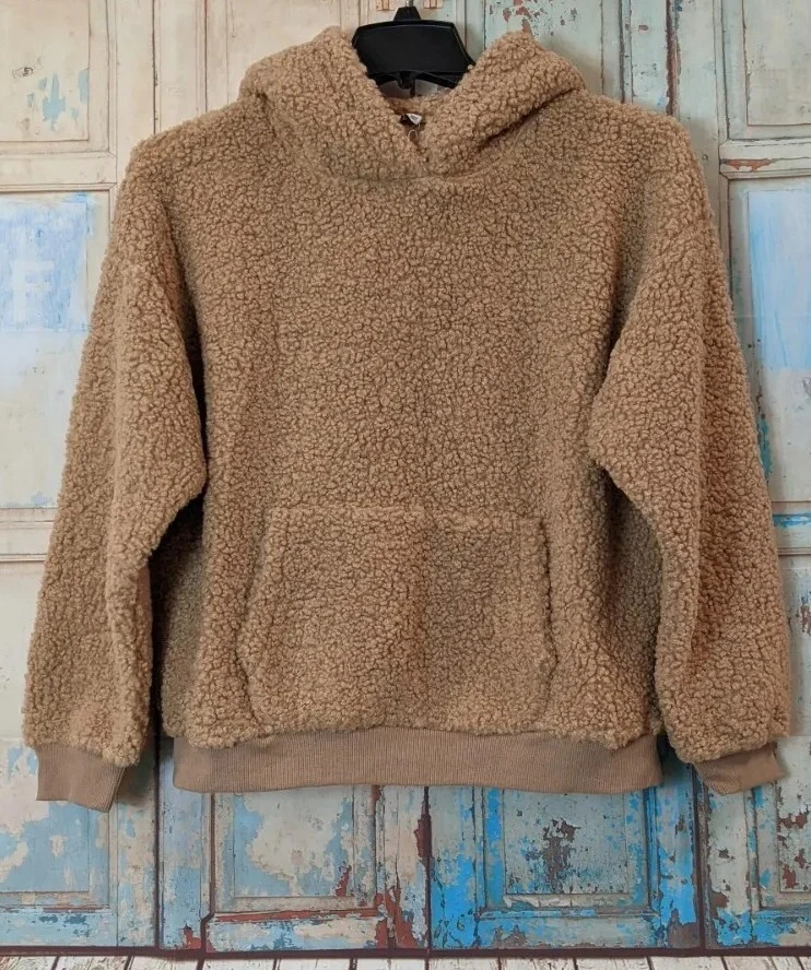 Sudadera con capucha pulóver con bolsillo frontal de lana manga larga tostada talla grande exuberante para mujer Foto 1 de 4