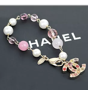CHANEL CC Logos Pearl Multicolor Stone Bracelet 7" Gold Tone Auth D-1002 - Picture 1 of 4
