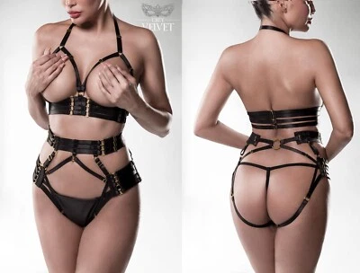 GREY VELVET SET SCHWARZ  HARNESS BH STRING ouvert clubwear gothic riemen - Bild 1 von 4