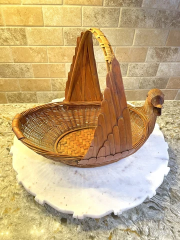 Vintage Shanghai Handicrafts Bird Duck Wicker Basket Layered Wings On Handle Cover