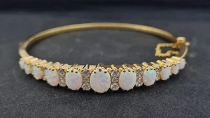 5Ct Oval Cut Simulated Fire Opal & Diamond Bangle Bracelet 925Silver Gold Finish - Picture 1 of 6