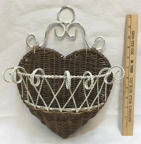 Wall Pocket Basket Brown Woven Wicker w/ Twisted Metal Wire Heart Shape 13" Cover