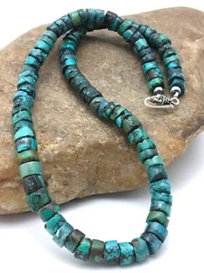 Turquoise 8mm Heishi Southwestern Sterling Silver Beads Necklace 20" 4348 - Picture 1 of 12