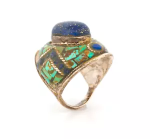 Vintage Elaborate Turquoise Lapis Sterling Silver Ring 925 Size 8 (924) - Picture 1 of 14