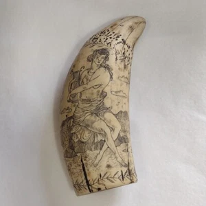 Schiffe Mercutor / Frauen mit Harfe, Scrimshaw Wal/Walross Zahn, 6 1/4" Replik - Bild 1 von 10