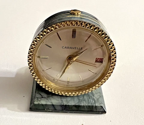Vintage CARAVELLE Swiss 7 Jewels Miniature Travel Date Alarm Clock Works Cleaned Cover