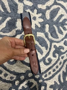 Vineyard Vines Belt Boys Kids Leather Blue Classic Whale Canvas Brass Buckle 29” - Picture 1 of 7