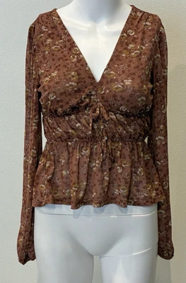 Boho Chic Babydoll Long Sleeve Sheer Womens Blouse XS Mocha Forest Fairy Peasant - Image 1 of 4