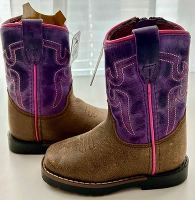 ¡NUEVO CON ETIQUETAS! Botas de montaña ahumadas "Autry" cuero occidental marrón/púrpura #3123 niño pequeño 5 R Foto 1 de 4