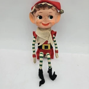 Vintage Christmas Green Red Knee Hugger Pixie Elf Ornament Holiday Collectible - Picture 1 of 11