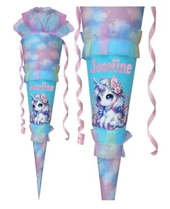 Personalisierte Schultüte mit Einhorn – Regenbogen & Blumen – 70 cm – Handmade - Bild 1 von 6