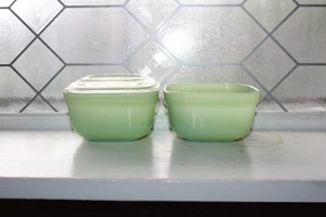 Fire King Jadite Glass Refrigerator Dish Pair with 1 Lid Vintage 1930s - Picture 1 of 6