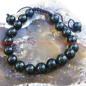 Men's GEMSTONE bracelet all 10mm NATURAL GREEN GOLDSTONE beads - Picture 1 of 12