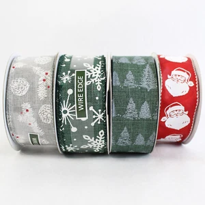 Lot of 4 Christmas Wired Edge Ribbons Green Red Santa Tree Accents - Picture 1 of 5