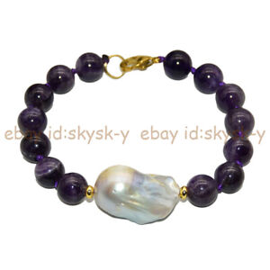 10mm Natural Purple Amethyst White Baroque Pearl Beaded Jewelry Bracelets 7.5"