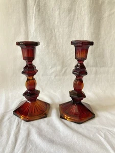 Amberina Glass Pair of 7 1/2 inch Candlesticks MCM Vintage - Picture 1 of 7