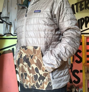 Upcycled Patagonia Nano Puff Anorak Pullover 1/4 Zip Jacket Mens L Beige/Camo - Picture 1 of 24