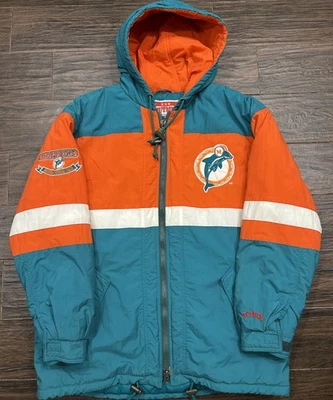 Jaqueta acolchoada vintage anos 90 Miami Dolphins moinhos de noz-moscada tamanho grande bordada  - Imagem 1 de 4