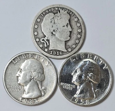 3 - 1916 D, 1932, 1958 Proof 90% Silver Quarters - Image 1 of 2