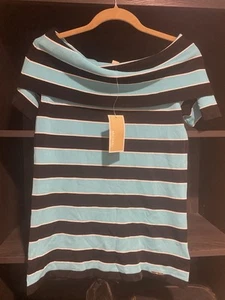 Michael Kors Short Sleeve Wide Neck Striped Turquoise Black Knit Top Sz S - Picture 1 of 6