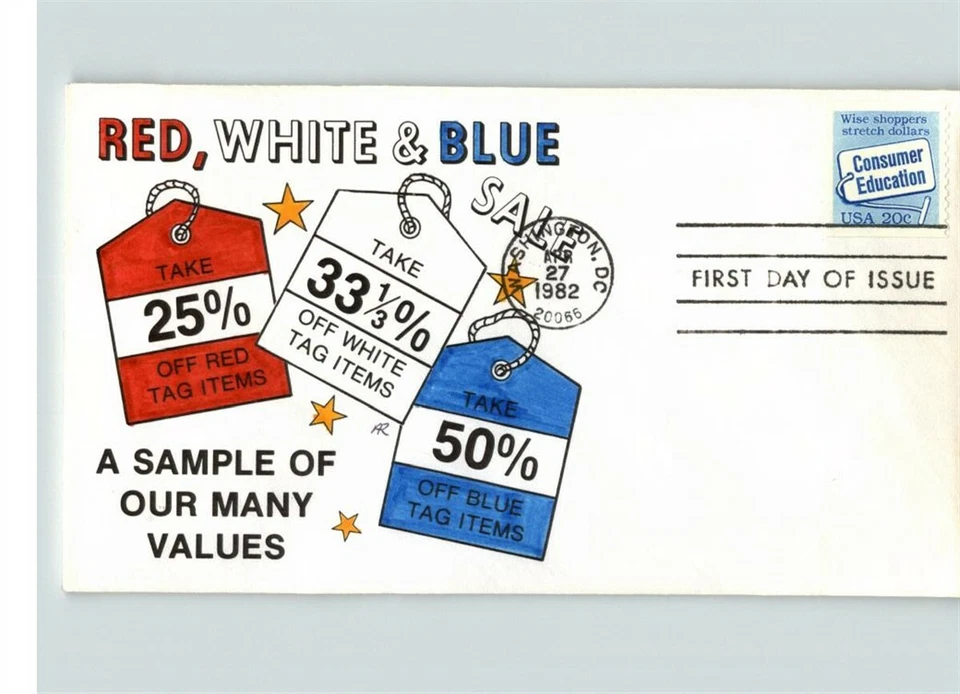 CONSUMER EDUCATION, 1982 Hand colored First Day of Issue - Image 1 of 1