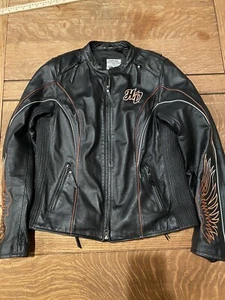 Harley Davidson Juneau Womens Large Big Logo Wings TriColor Black Leather Jacket - Picture 1 of 18