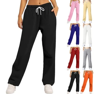 Women's Solid Color Sports Pants Casual Loose Straight Leg Drawstring Trousers - Picture 1 of 51