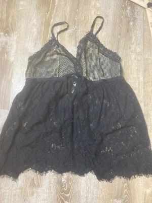 Cacique Chemise 26/28 Black Lace Mesh V Neck Wireless Sheer EUC - Image 1 of 4