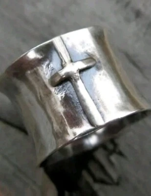 Unisex Gothic Wide Ring With Cross Carving - Platinum Plated  - Image 1 of 4