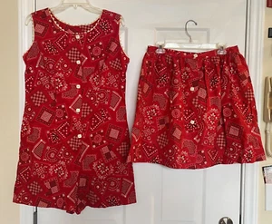 Vintage JOAN CURTIS 2 Pc Romper Cullotes M/L w/ Skirt Bandana Print Red - Picture 1 of 10
