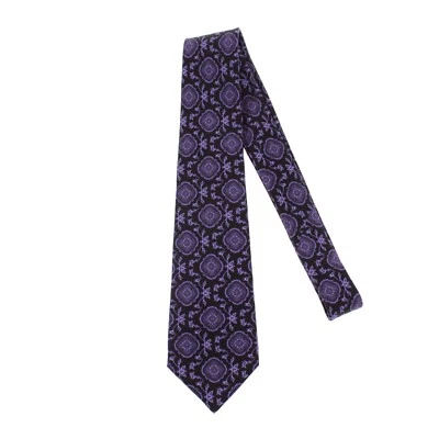 Kiton 全新无标签 100% 真丝领带黑色带紫色异想天开的图案意大利制造 — 第 1/4 张图片