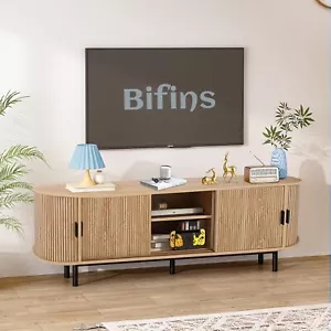 Mid Century Modern TV Stand with Tambour Door, Farmhouse Curved Round Edge TV - Picture 1 of 55