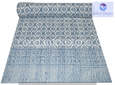 Colcha reversible Kantha de bloque hecha a mano india de algodón queen/doble Foto 1 de 4