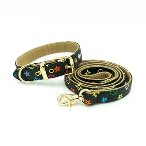 Black Dog Leash & Collar set, Designer Fashion Luxury Collar PU Leather Monogram - Picture 1 of 9