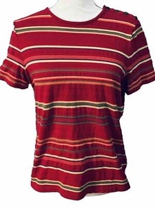 Lauren Ralph Lauren Womens Red Striped Shirt Top Short Sleeve Cotton Size Large - Picture 1 of 10