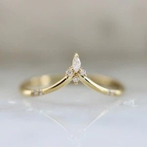 14K Solid Gold Moissanite Chevron Ring Bridal Statement Women Band Gift For Her - Picture 1 of 11