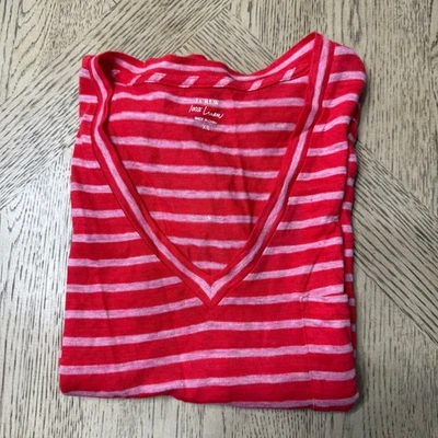 Camiseta Top J Crew Mujer XS Rojo y Rosa Rayas Lino Cuello en V Manga Corta Foto 1 de 4