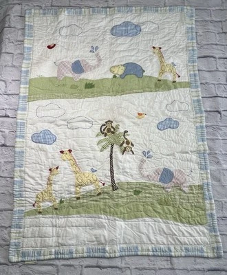 Pottery Barn Baby Quilt 35x48 Animals Elephant Giraffe Hippo Monkey *Read Desc* - Image 1 of 4
