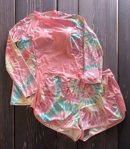 Women's Two Piece Rash Guard Long Sleeve Swimwear Top+ Shorts, Sz L Pink Tie-dye - Picture 1 of 7